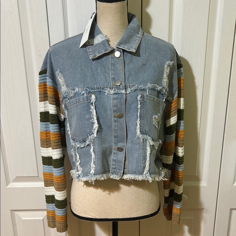 Blueb Collection Denim Jacket with Striped knitted Sleeves